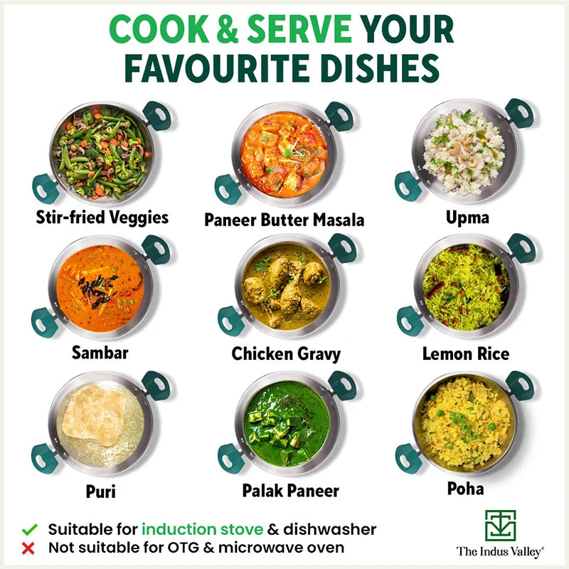 Tri-Steel Stainless Steel Kadai+ Lid, Premium Quality, Tri-ply (3 Layer) Bottom, Cool-touch Handles, 100% Toxin-free, Non-stick, Induction & Gas, 1.6/2.1/3.4/4.5 L, 20/22/26/28 cm