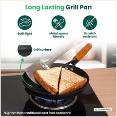CASTrong Cast Iron Grill Pan with Wooden Handle,Pre-seasoned, 100% Pure, Toxin-free, Induction, 24.3cm, 1.4kg