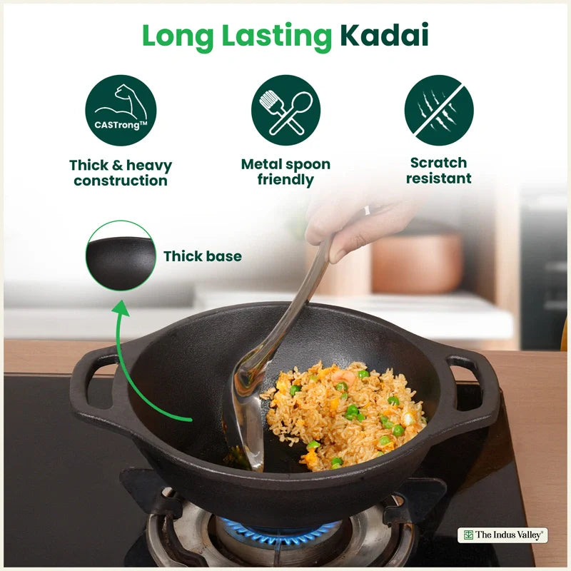 CASTrong Cast Iron Kadai, Pre-seasoned, Nonstick, 100% Pure, Toxin-free, Medium 20.9cm, 1.8kg