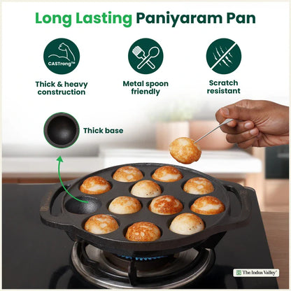 CASTrong Cast Iron Premium Paniyaram Pan, Pre-seasoned, Nonstick, 100% Pure, Toxin-free, Medium 20.8cm, 2.6kg