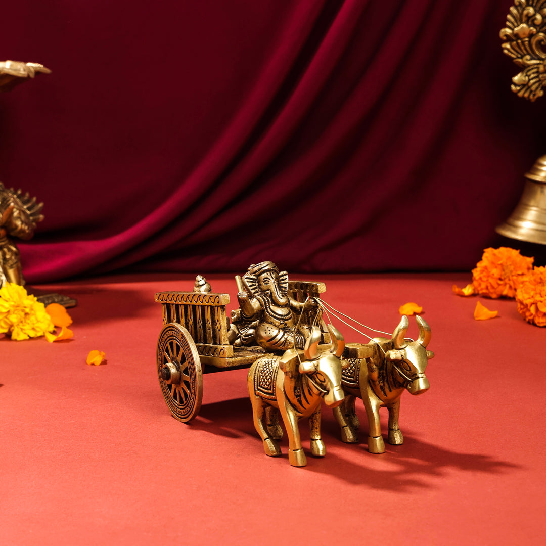 Brass Ganesha With Riddhi & Siddhi Double Bullock Cart (4 Inch)