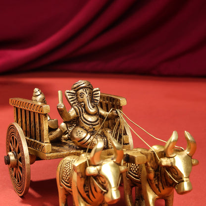 Brass Ganesha With Riddhi & Siddhi Double Bullock Cart (4 Inch)