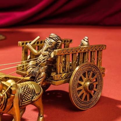 Brass Ganesha With Riddhi & Siddhi Double Bullock Cart (4 Inch)