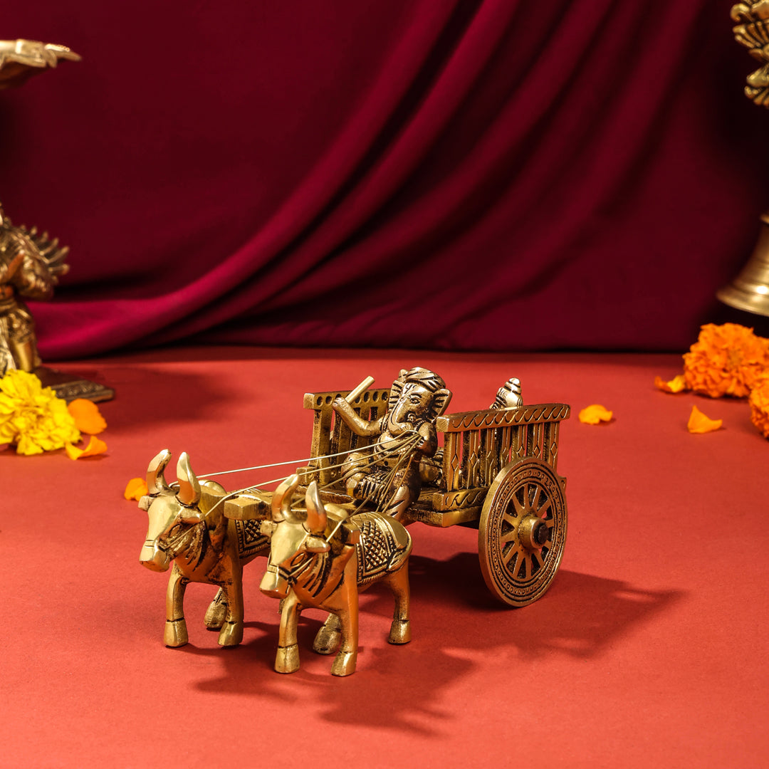 Brass Ganesha With Riddhi & Siddhi Double Bullock Cart (4 Inch)