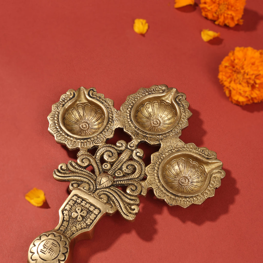 Brass Three Petal Pooja Spoon (13 Inch)