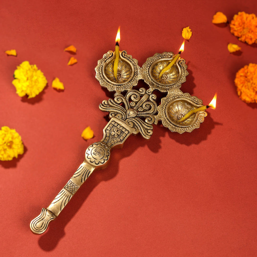 Brass Three Petal Pooja Spoon (13 Inch)