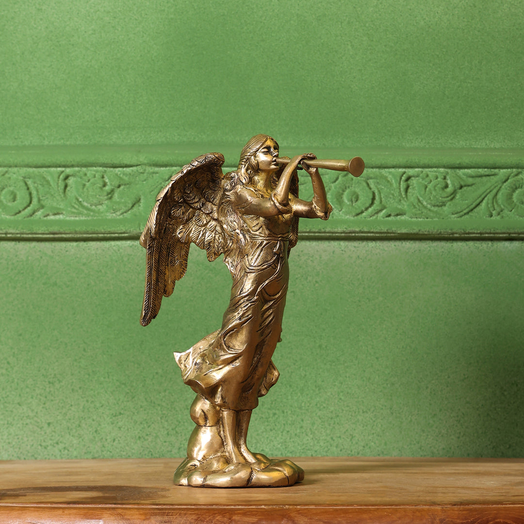 Brass Trumpet Blowing Angel Statue (10 Inch)