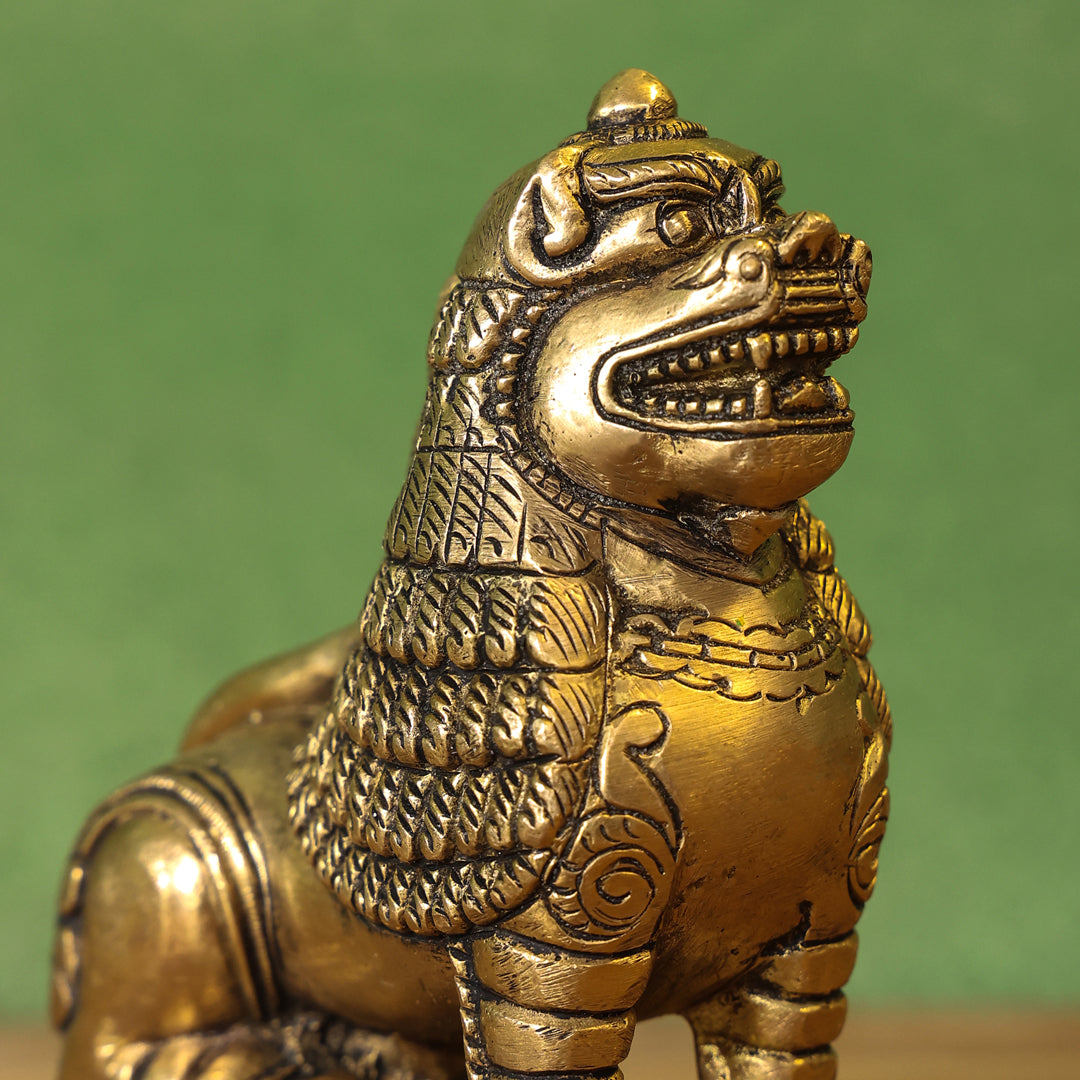 Brass Sitting Lion Yali Statue (5 Inch)