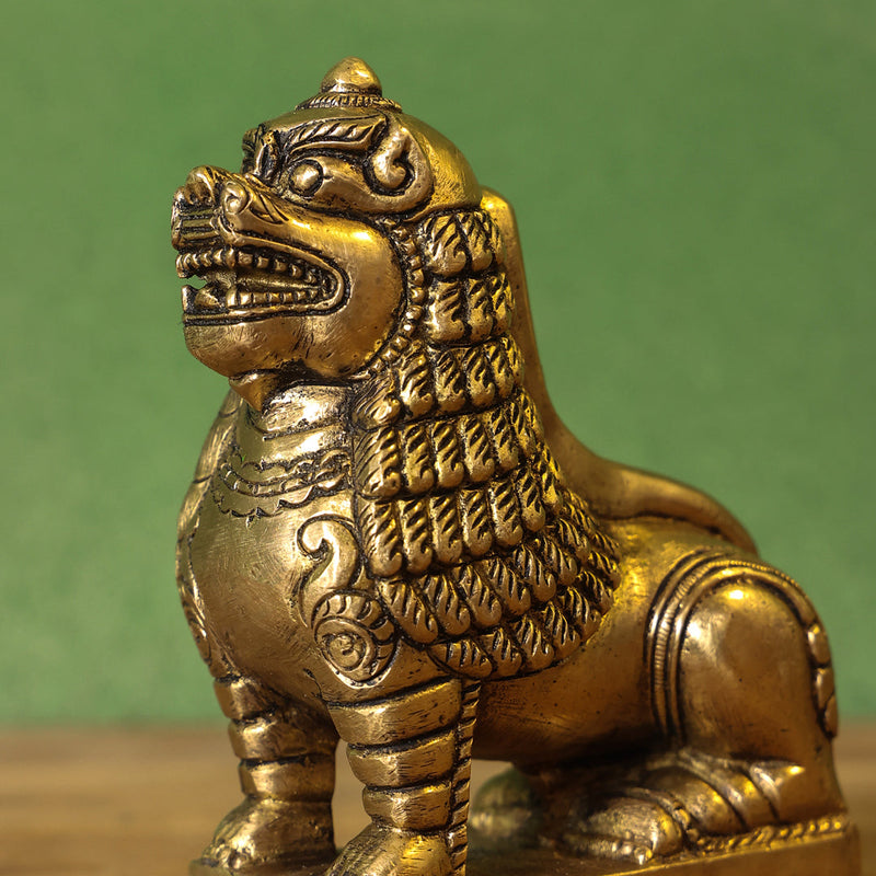 Brass Sitting Lion Yali Statue (5 Inch)