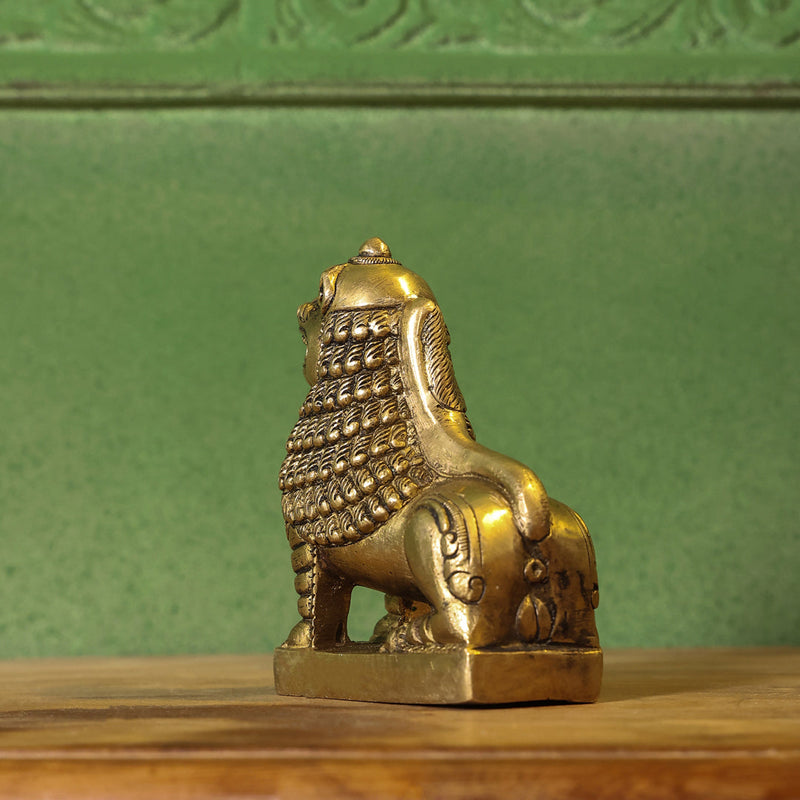 Brass Sitting Lion Yali Statue (5 Inch)