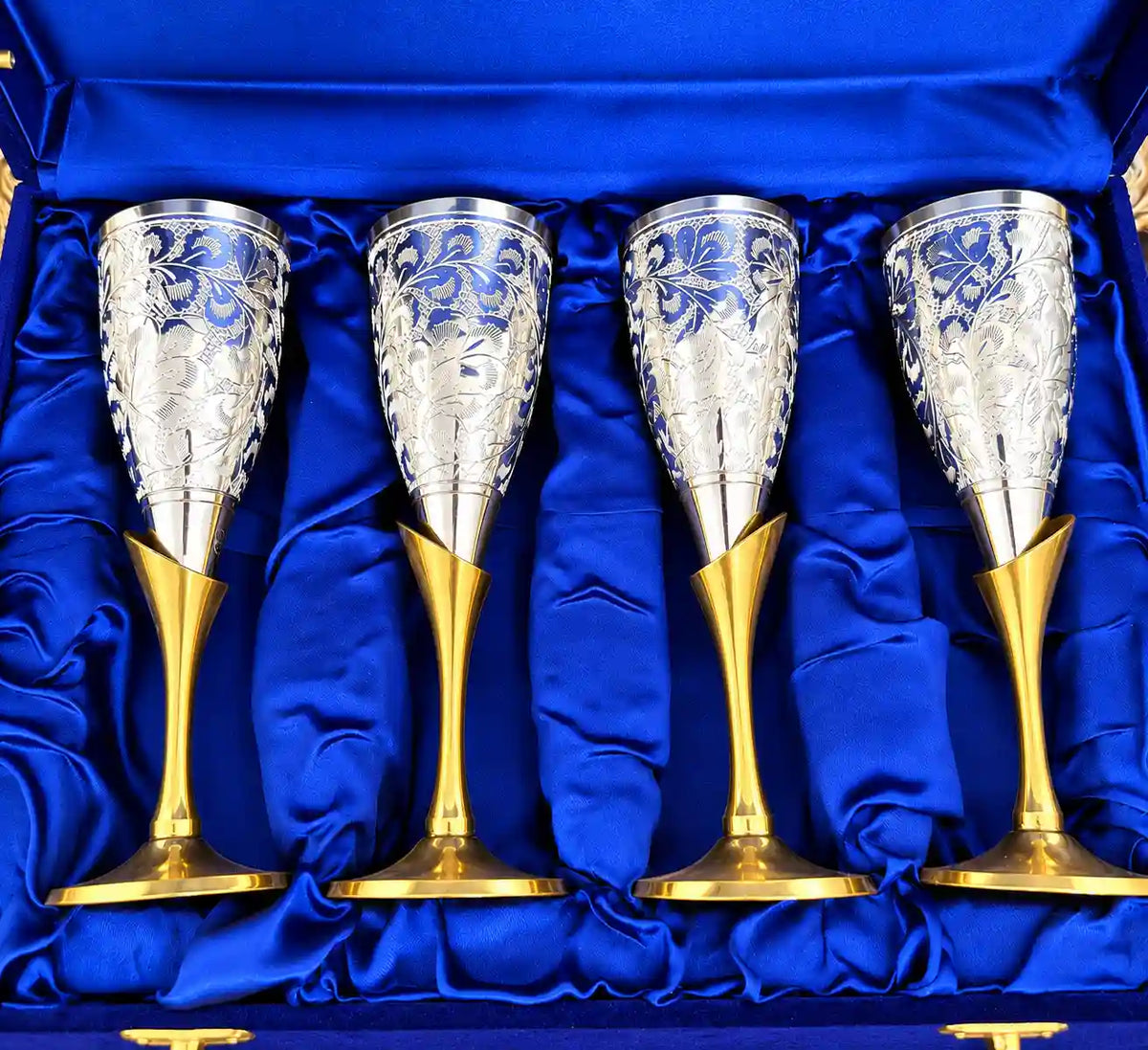 Brass Silver Plated Champagne Engraved Wine Glass Pair With Velvet Box (6.5 Inch)