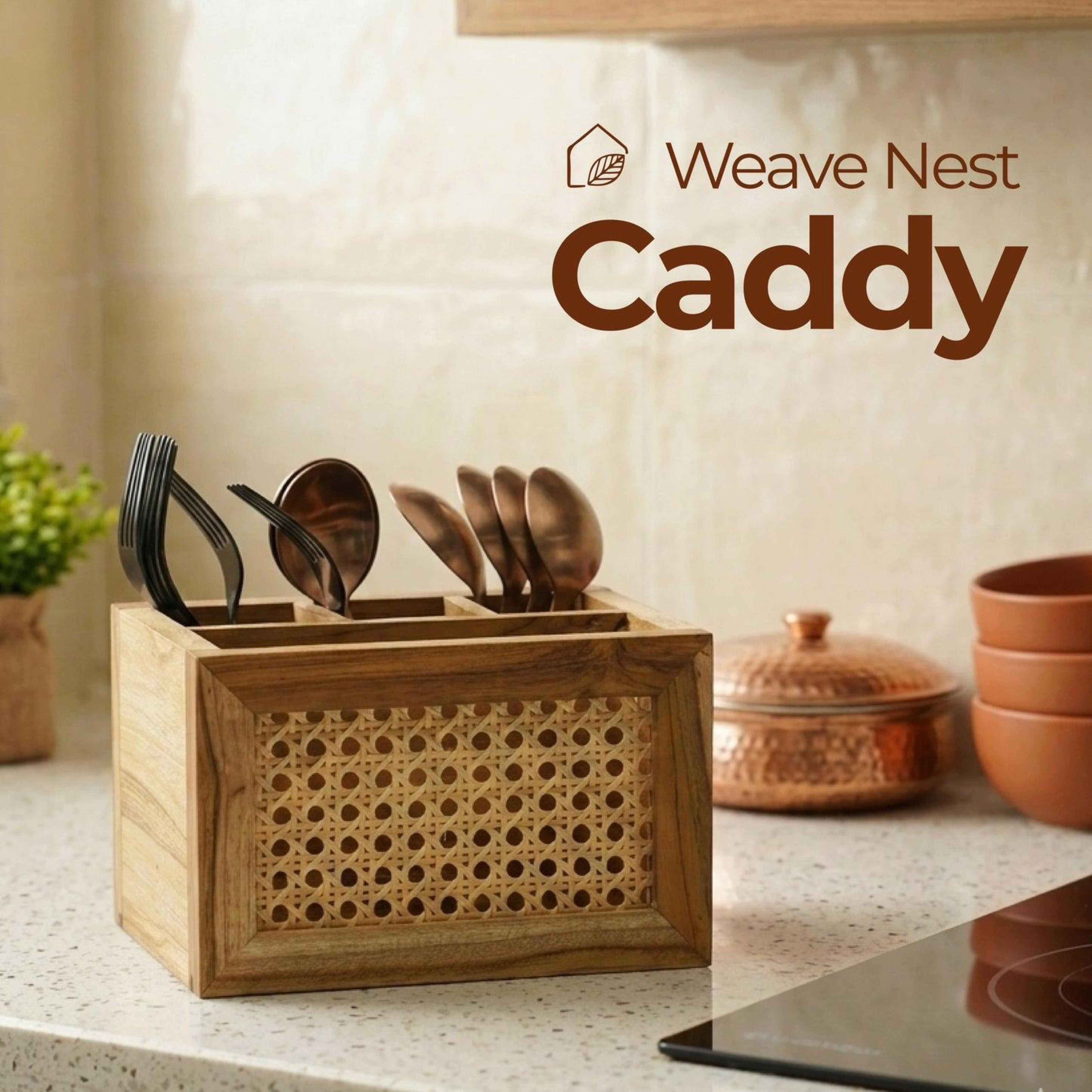 Natural Rattan Wooden Desk Organizer Storage Box- Set Of 2