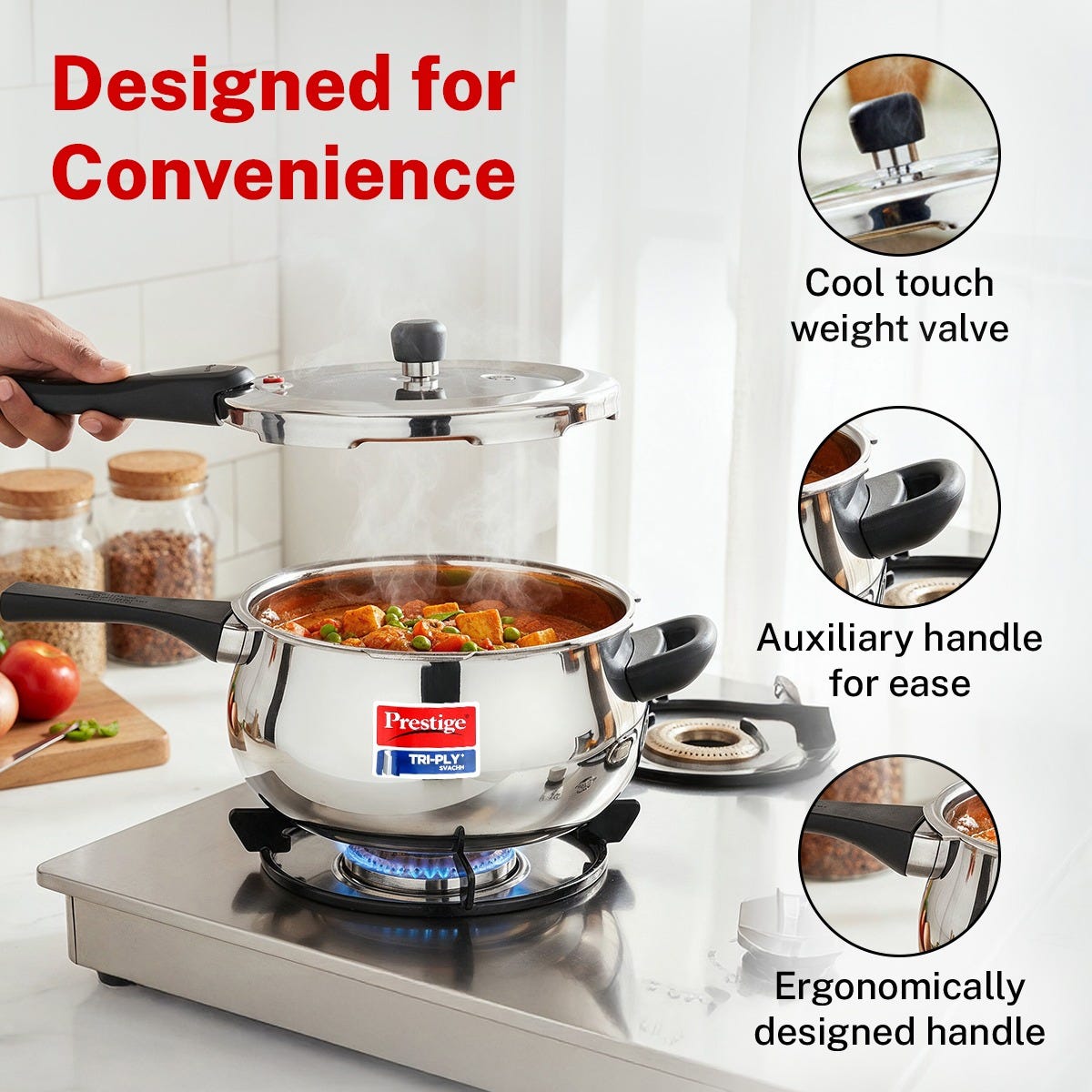 Prestige 5 Litre TRIPLY Svachh Outer Lid Handi Pressure Cooker, Deep Lid for Spillage Control, Gas & Induction Compatible + Prestige 24cm/1.7L Tri-Ply Stainless Steel Splendid Fry Pan, 15Y Warranty