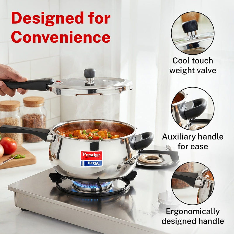 Prestige 5 Litre TRIPLY Svachh Outer Lid Handi Pressure Cooker, Deep Lid for Spillage Control, Gas & Induction Compatible + Prestige 24cm/1.7L Tri-Ply Stainless Steel Splendid Fry Pan, 15Y Warranty