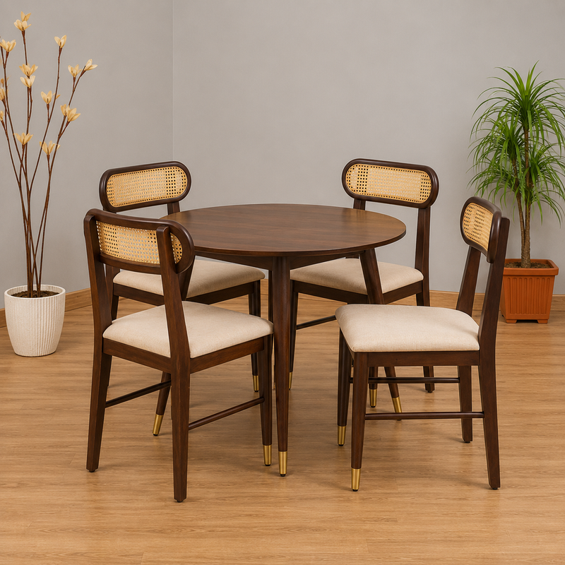Ashton Solid Wood Rattan Cane Round Dining Table Set-4 Seater  