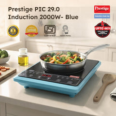 Prestige PIC 29.0 Induction Cooktop 2000W with Preset Indian Menu Options, Blue + Prestige Omega Deluxe Granite Alpha 3 Pc BYK Non-Stick Set: Kadai 24cm with Glass Lid, Omni Tawa 28cm, Fry Pan 24cm