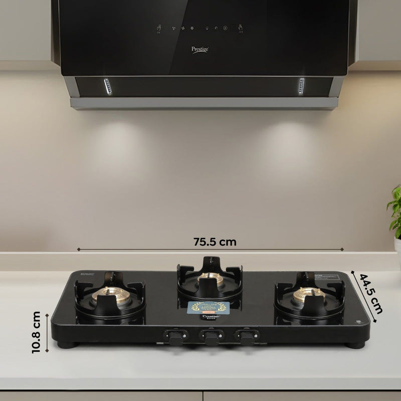 Prestige Edge PEBS 03L Manual Powder Coated with Aluminium Frame 3 Burners Gas Stove, Black, Prestige Svachh Triply Outer Lid Pressure Cooker with Unique Deep Lid for Spillage Control, 5 Litre, Silver