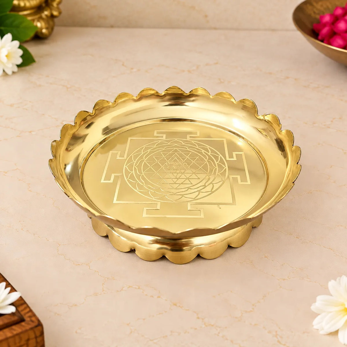 Brass Shree Yantra Engraved Lotus Plate With Stand (5.5 Inch)