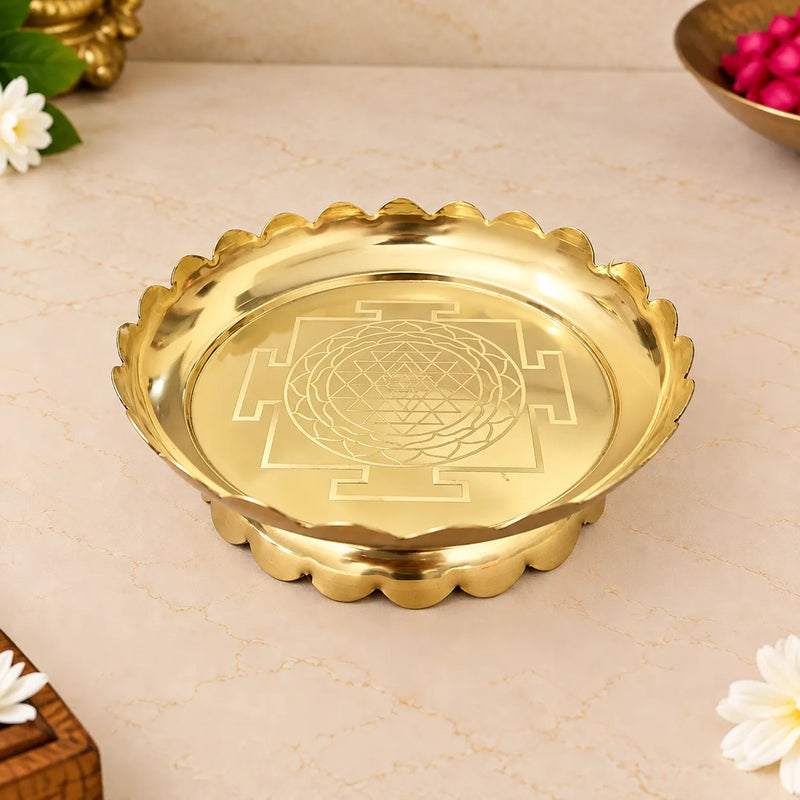 Brass Shree Yantra Engraved Lotus Plate With Stand (5.5 Inch)