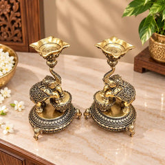 Brass Lightweight Diya Pair On Dancing Elephant (5.2 Inch)