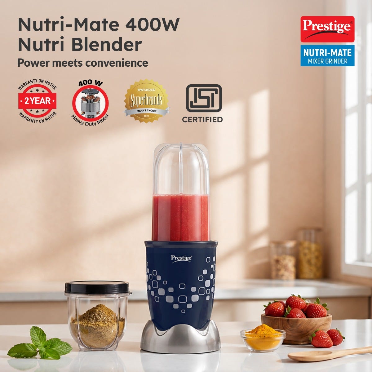 Prestige Crysta Chef Air Fryer 5.5 L + Prestige Nutri-Mate 400W Mixer Grinder, 2 Jars & 3 Lids, Dual Safety Interlock, 1Y Warranty