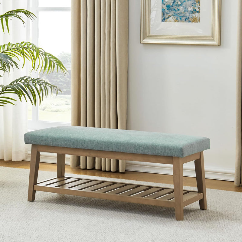 Ottoman Benches with Solid Wood Shelf, Storage Bench for Hallway, Living Room