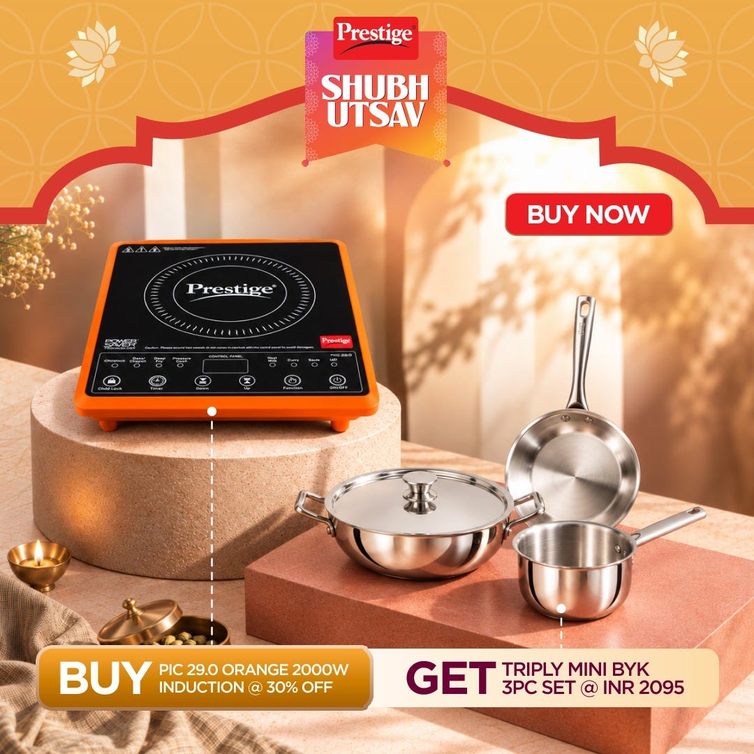 Prestige PIC 29.0 Induction Cooktop 2000W with Preset Indian Menu Options, Orange + Prestige TRIPLY Splendid 4 Pc Cookware Set: Fry Pan 22cm, Kadai 22cm, Saucepan 14cm, SS Lid 24cm, 15Y Warranty