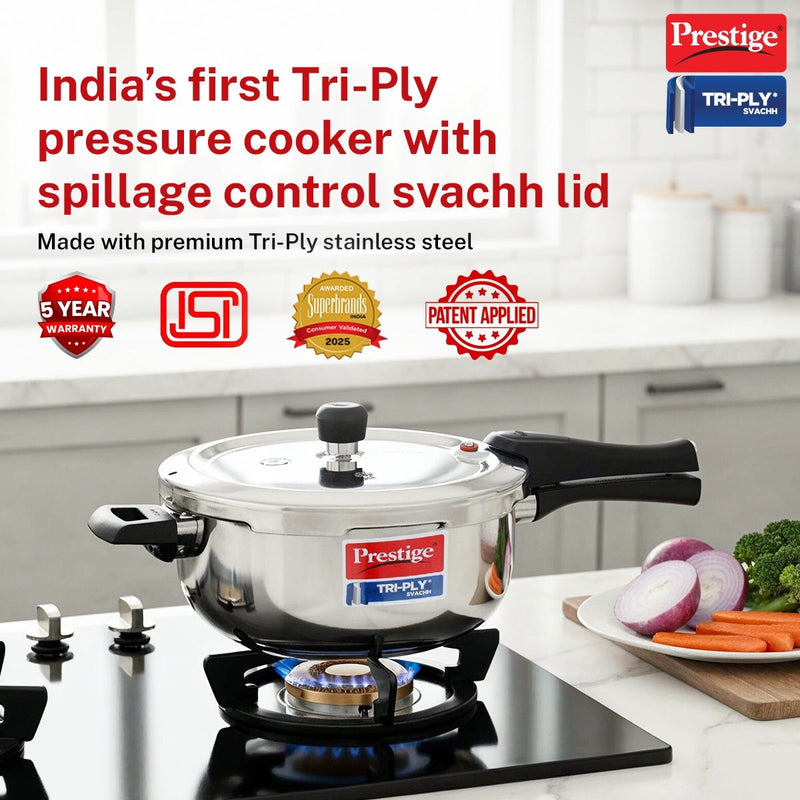 Prestige Svachh Triply Outer Lid Pressure Cooker with Deep Lid for Spillage Control, 3.5 Litre, Silver + Prestige Platina Popular Stainless Steel Impact Forged Bottom Kadai with Glass Lid, 24cm, 2.8 L