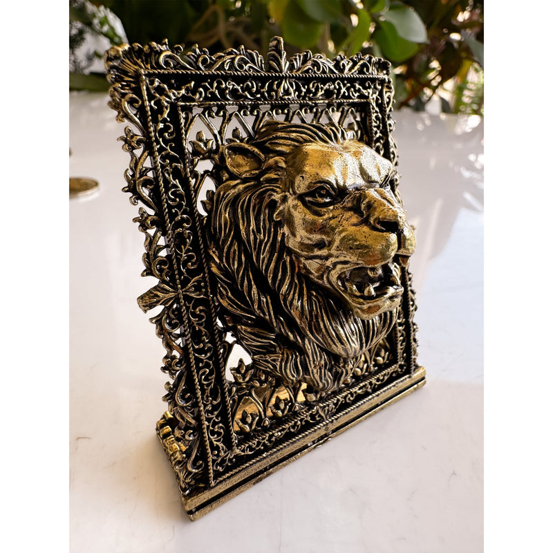 Pure Brass Miniature Lion Statue with Ornate Decorative Border - 7.11 cm