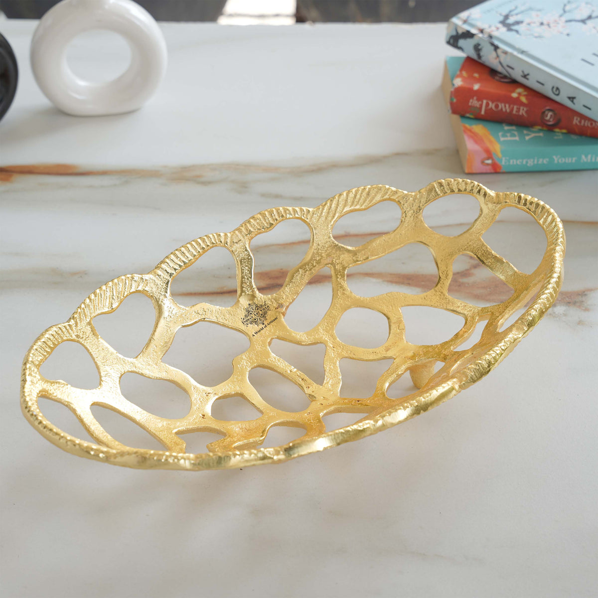 Brass Finish Oval Shape Hollow Design Tray/Fruit Basket