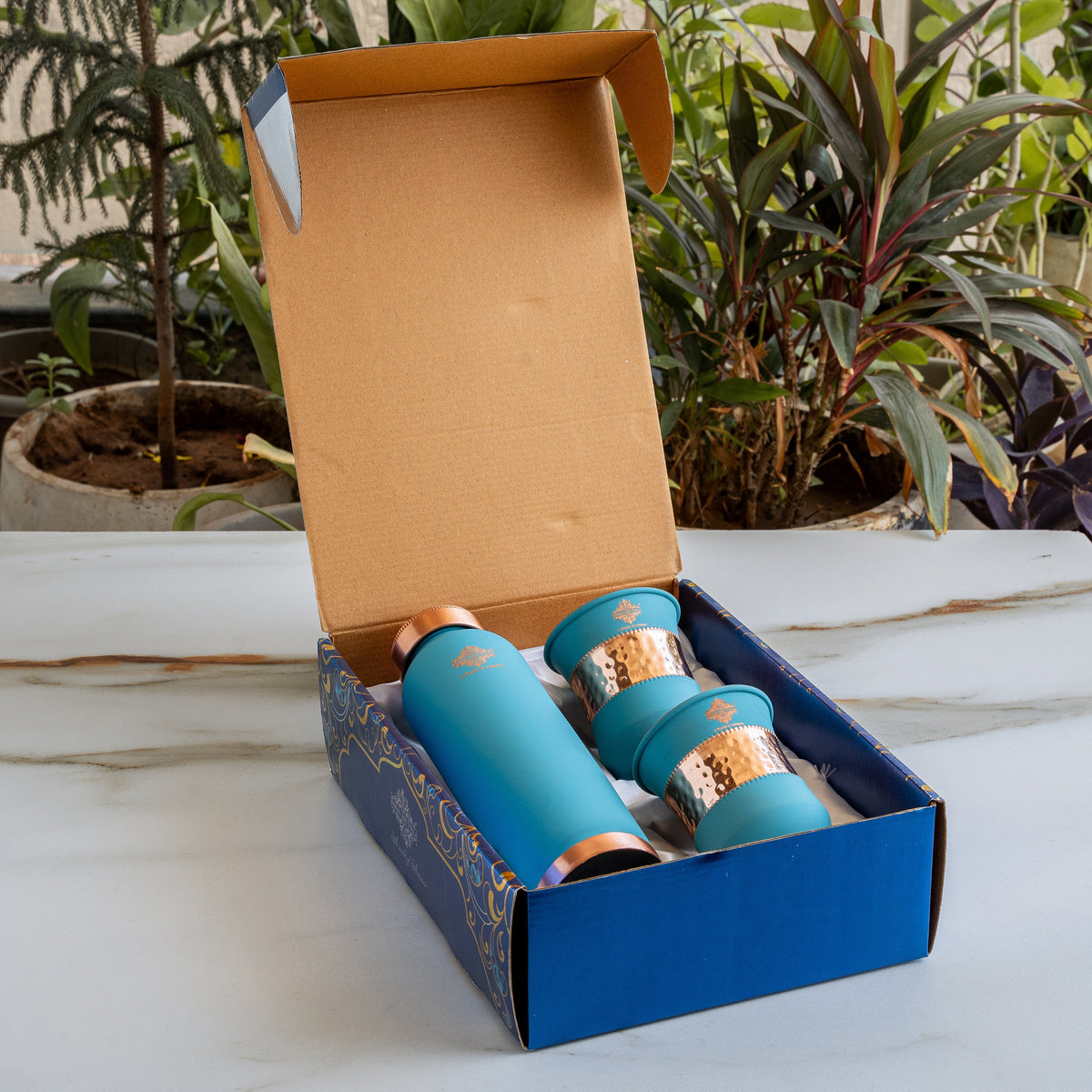 Pure Copper Drinkware Gift Set SKy Blue Color Bottle & Two Glasses