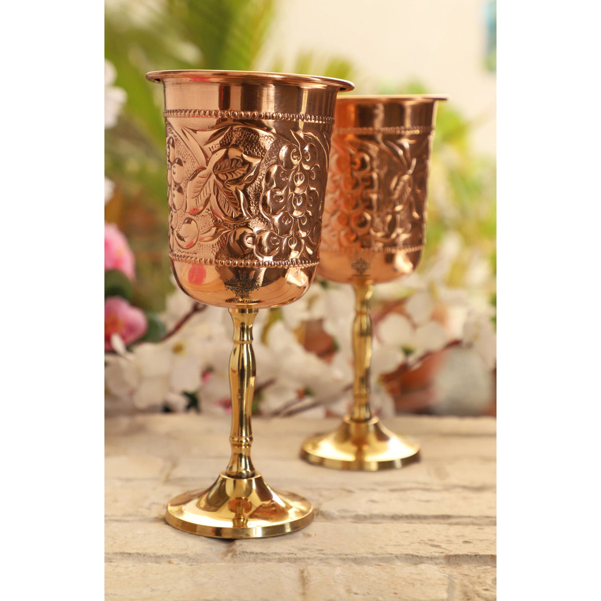 Pure Copper Wine Glass With Grape Vines Embossed Design & Brass Bottom