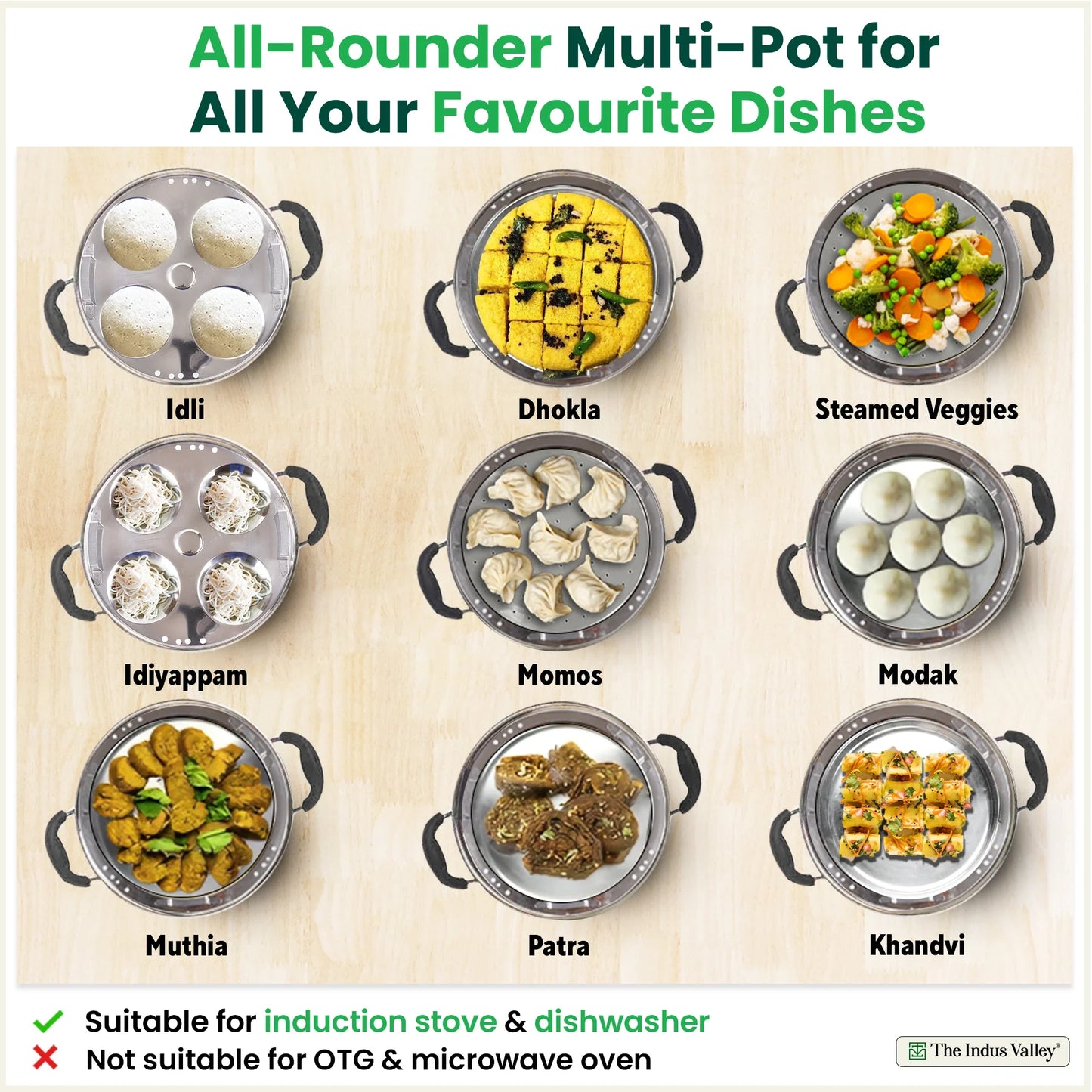 8 Pit Tri-Steel Multi Pot Premium Stainless Steel Idli/ Dhokla/ Momo Maker/ Veg Steaming Set, Tri-ply Induction Bottom, 5 Plates, 3L