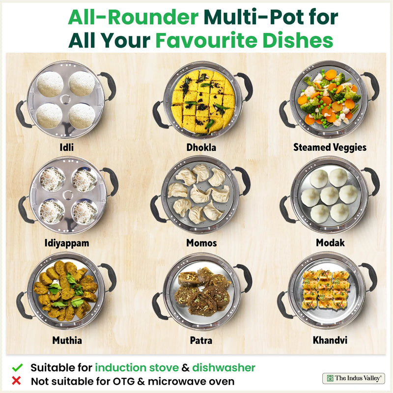 8 Pit Tri-Steel Multi Pot Premium Stainless Steel Idli/ Dhokla/ Momo Maker/ Veg Steaming Set, Tri-ply Induction Bottom, 5 Plates, 3L