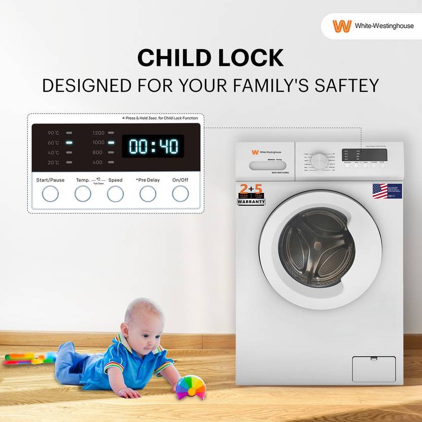 White Westinghouse (Trademark by Electrolux) 10.5 kg Fully Automatic Front Load Washing Machine with In-built Heater White (HDF1050)-4