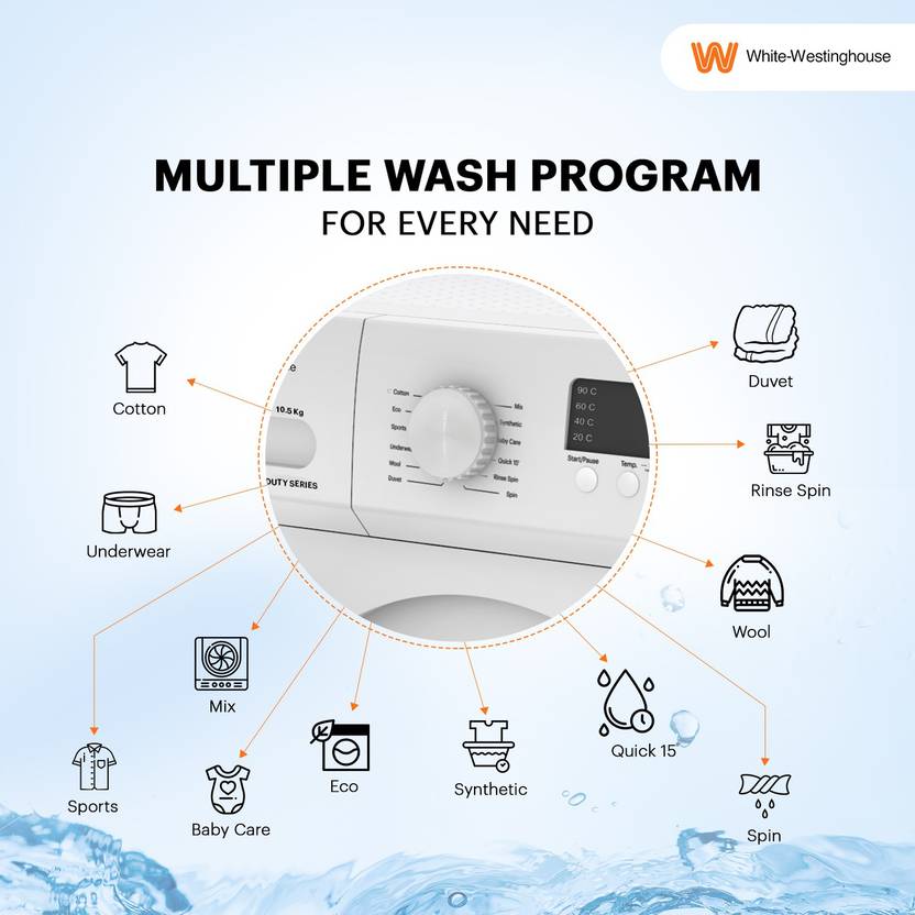 White Westinghouse (Trademark by Electrolux) 10.5 kg Fully Automatic Front Load Washing Machine with In-built Heater White (HDF1050)-3