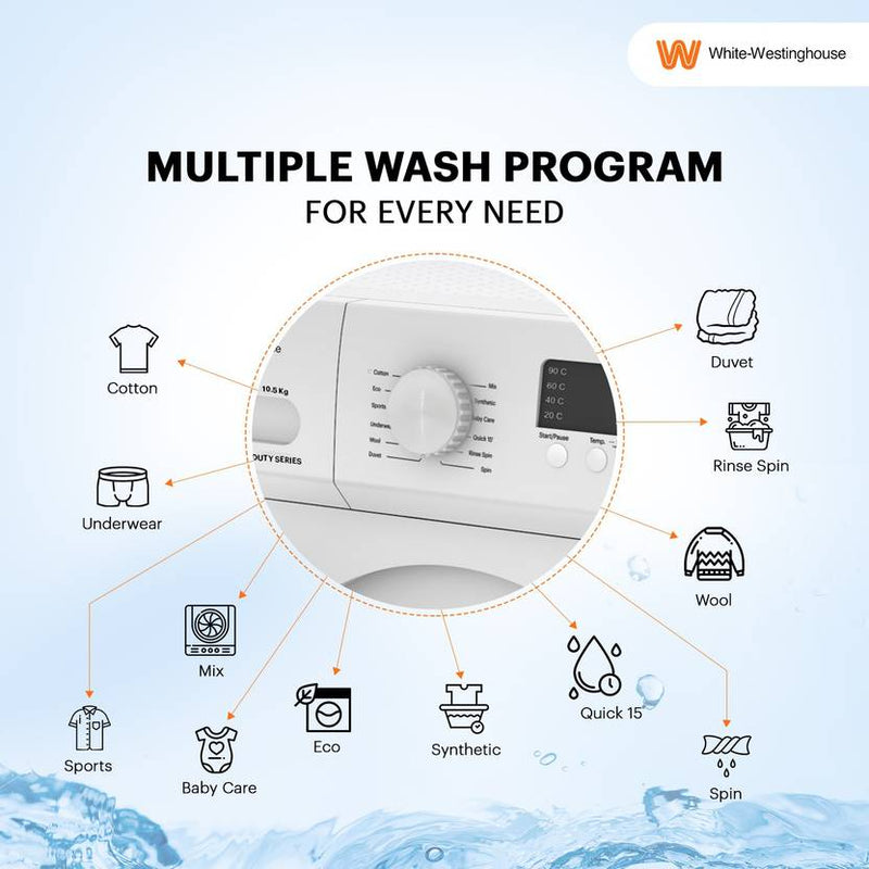White Westinghouse (Trademark by Electrolux) 10.5 kg Fully Automatic Front Load Washing Machine with In-built Heater White (HDF1050)-3