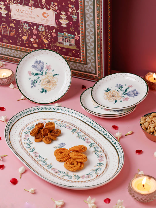 Magique by The Wishing Chair x Clay Craft, Emerald Ribbon 1 Big Charlie Platter with 4 Dessert  Mini Plates