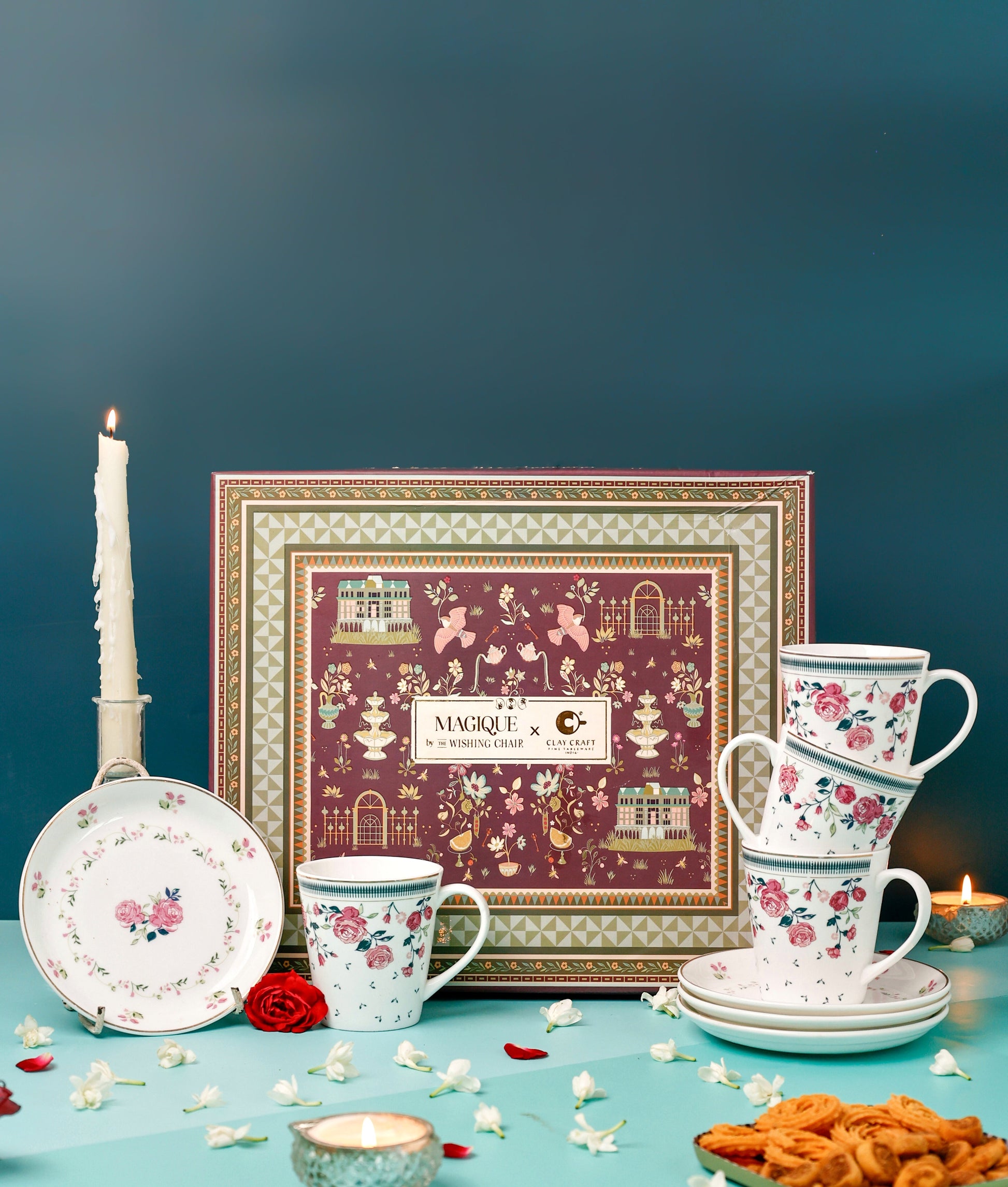 Magique by The Wishing Chair x Clay Craft, Portrait of a Rose Zing Coffee Mug with Dessert Plates Set of 8 Pcs (4 Mugs + 4 Plate)