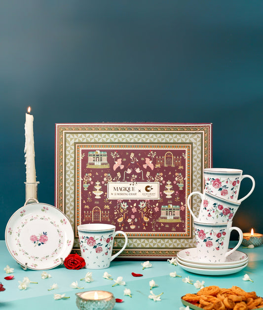 Magique by The Wishing Chair x Clay Craft, Portrait of a Rose Zing Coffee Mug with Dessert Plates Set of 8 Pcs (4 Mugs + 4 Plate)