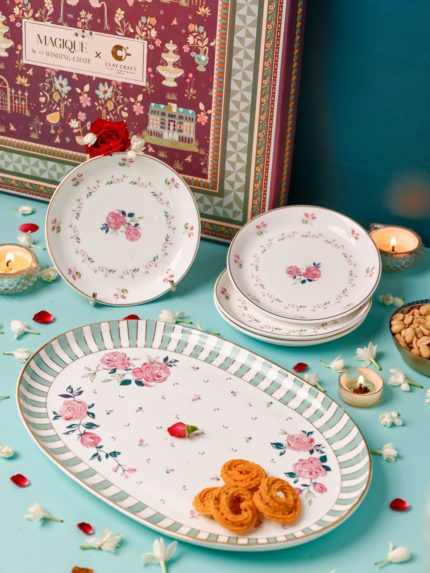 Magique by The Wishing Chair x Clay Craft, Portrait of a Rose 1 Big Charlie Platter with 4 Dessert  Mini Plates