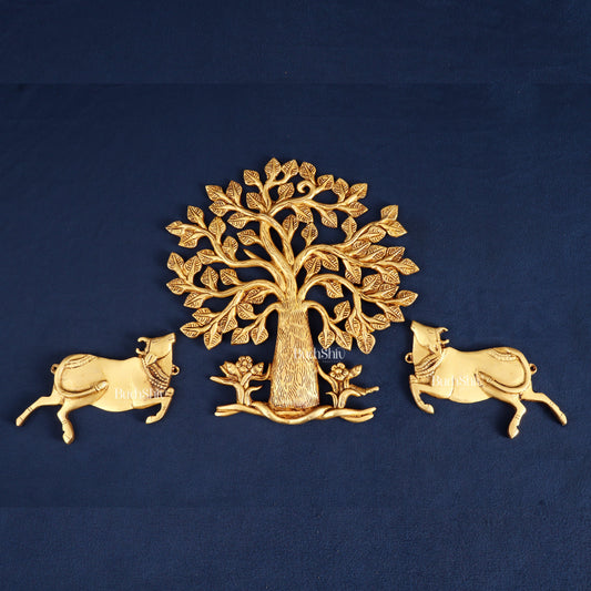 Pure Brass Pair of Cows with Kalpavriksha Wall Hanging – Vastu Approved