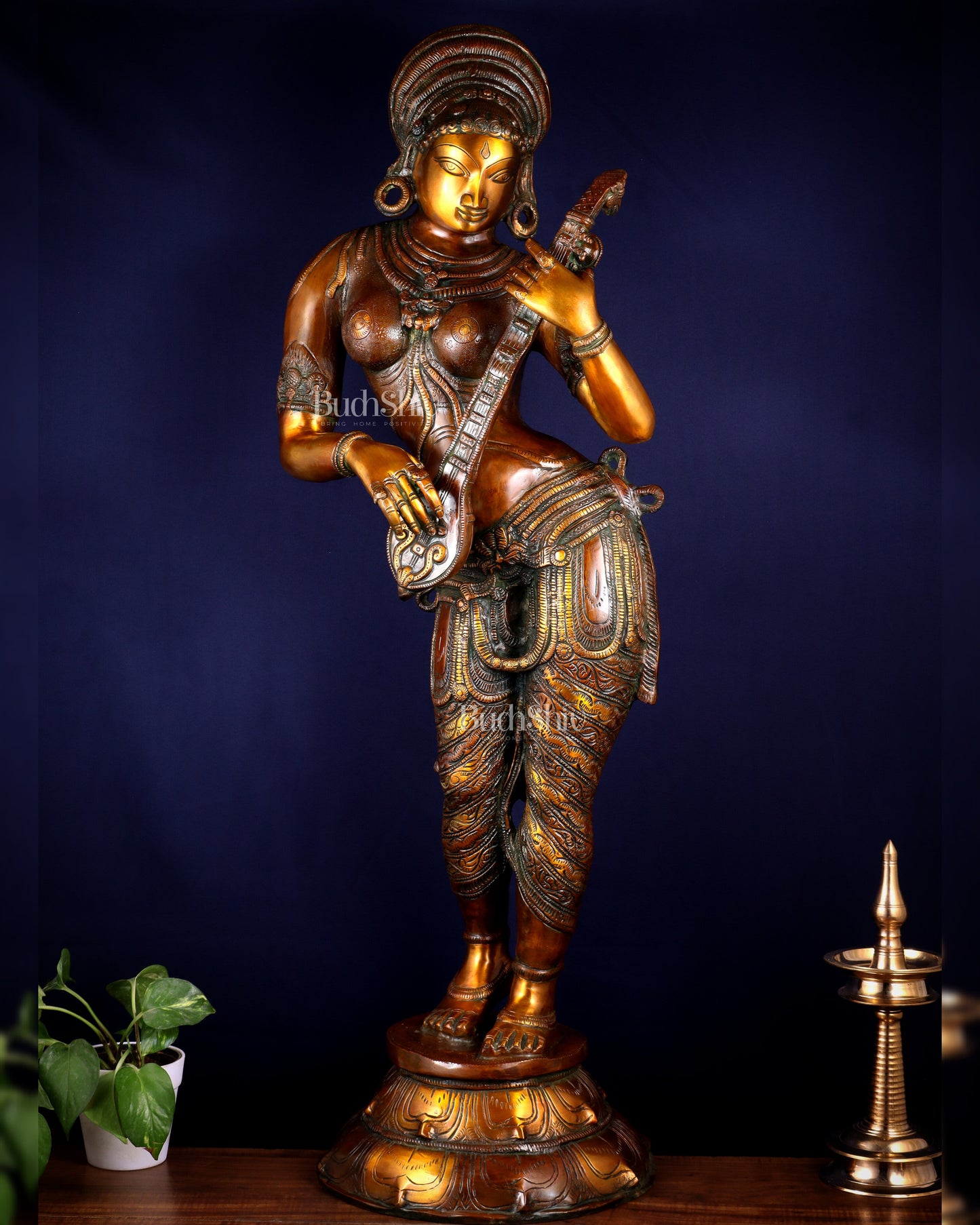 Pure Brass Standing Saraswati Statue – Unique Chola Style 35 inch