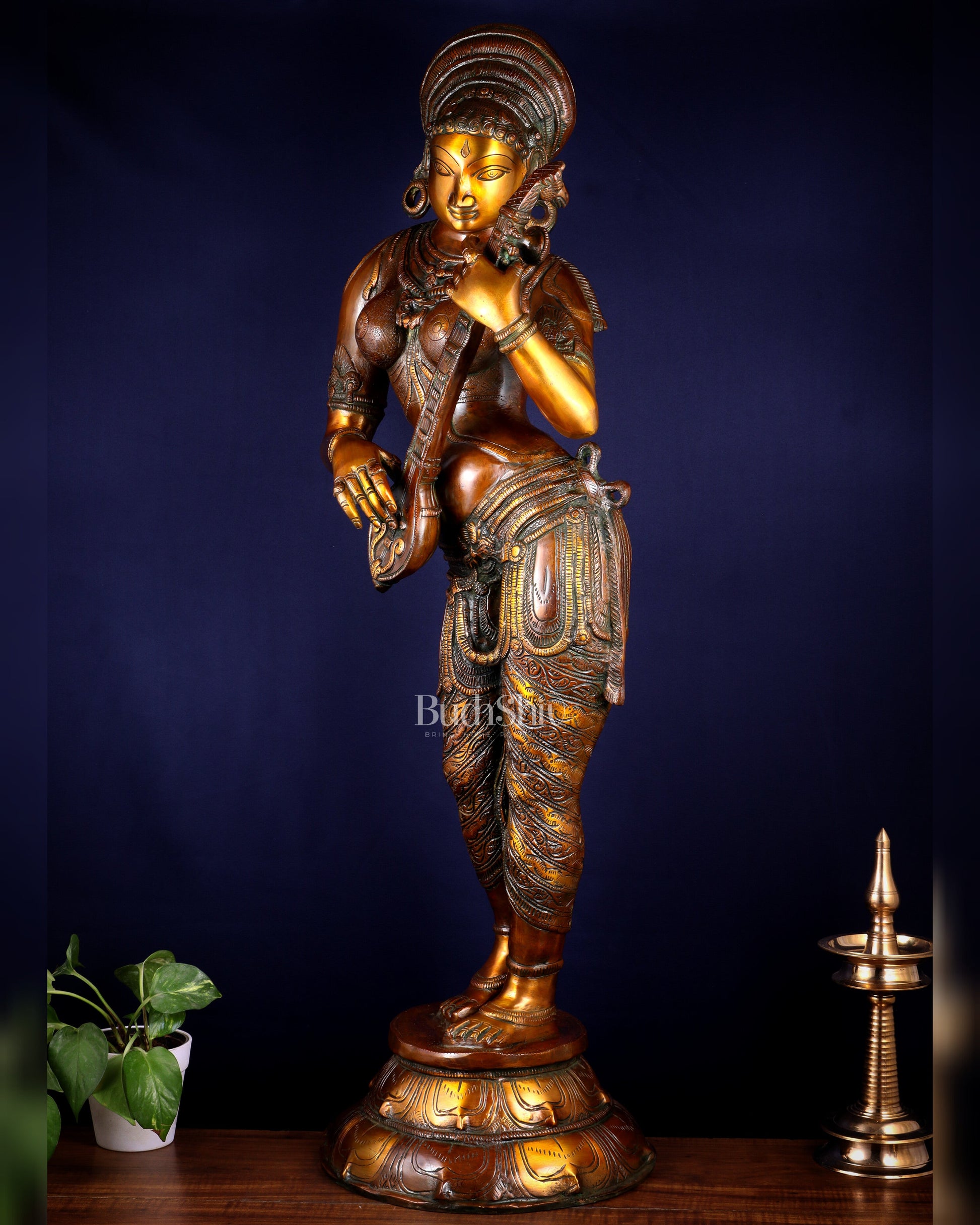 Pure Brass Standing Saraswati Statue – Unique Chola Style 35 inch