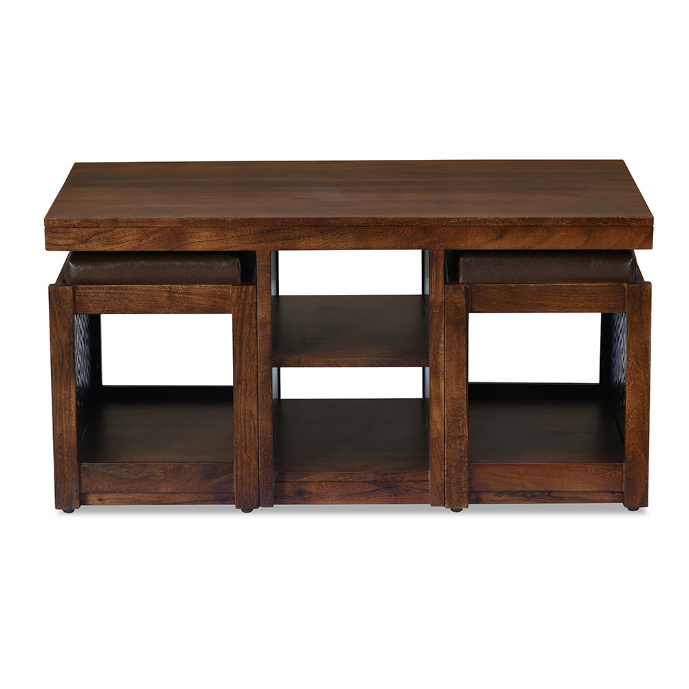 Nilkamal Corner Solid Wood Coffee Table with 2 Set Stools (Walnut)