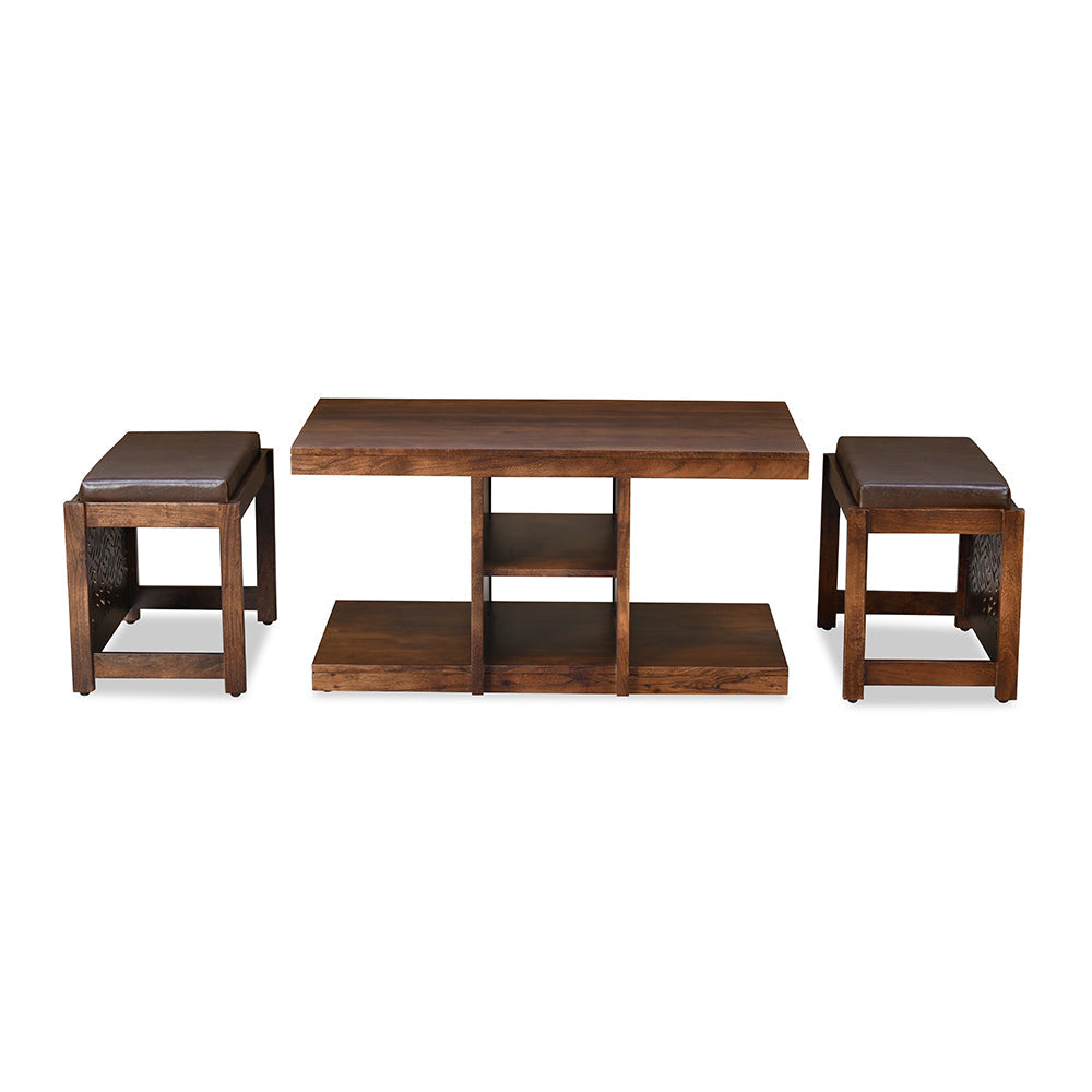 Nilkamal Corner Solid Wood Coffee Table with 2 Set Stools (Walnut)