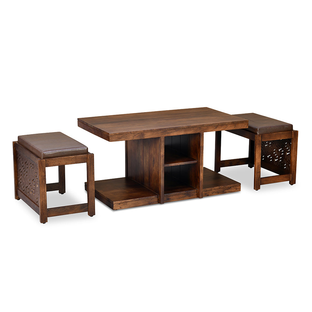 Nilkamal Corner Solid Wood Coffee Table with 2 Set Stools (Walnut)