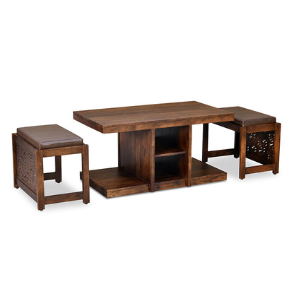 Nilkamal Corner Solid Wood Coffee Table with 2 Set Stools (Walnut)