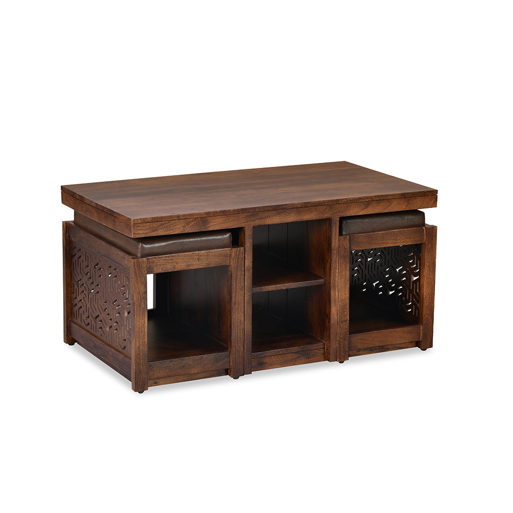 Nilkamal Corner Solid Wood Coffee Table with 2 Set Stools (Walnut)