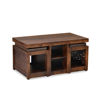 Nilkamal Corner Solid Wood Coffee Table with 2 Set Stools (Walnut)